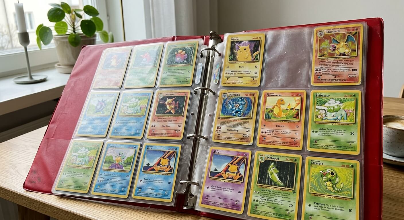 Röd pärm med gamla Pokémonkort uppslagna på ett bord i hemmiljö