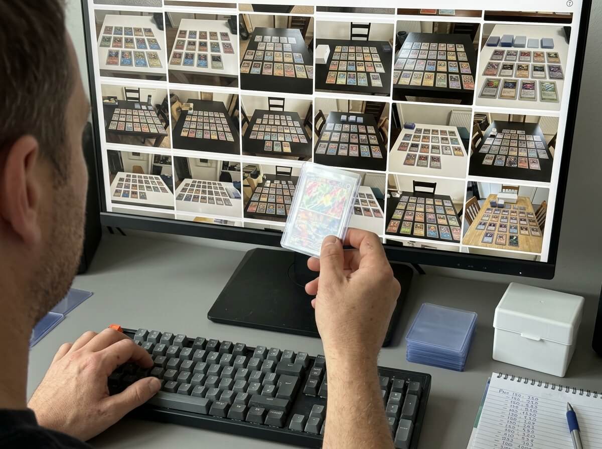Värderare granskar ett Pokémonkort framför en skärm full av inskickade bilder på samlingar