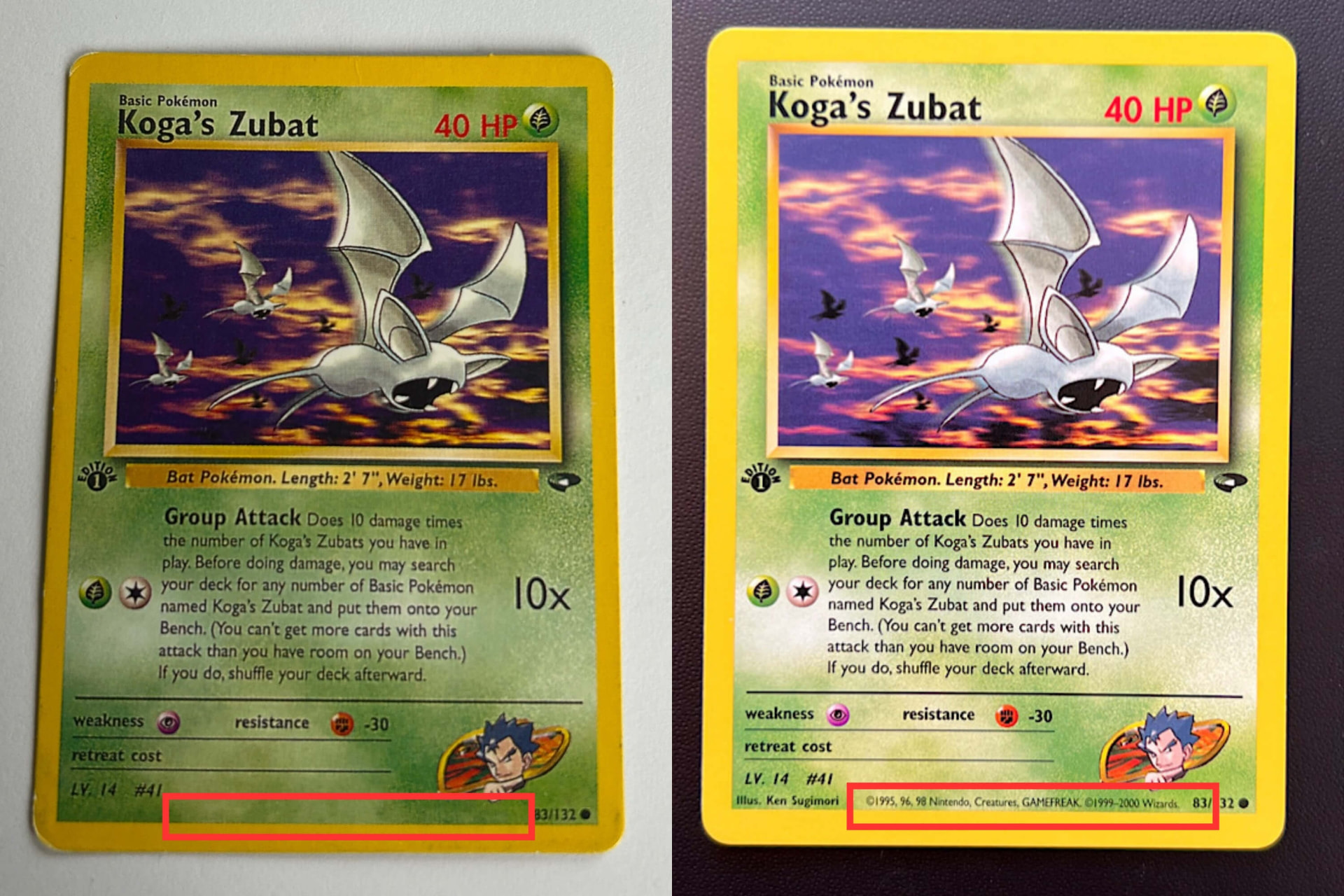Två likadana Pokémonkort sida vid sida där det falska saknar copyright-raden längst ner